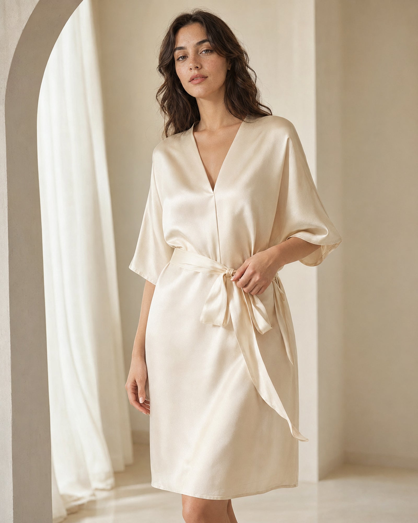 VELSÉE Élodie 100% Mulberry Silk Belted Dress – Women’s V-Neck Kimono-Sleeve Lounge Dress