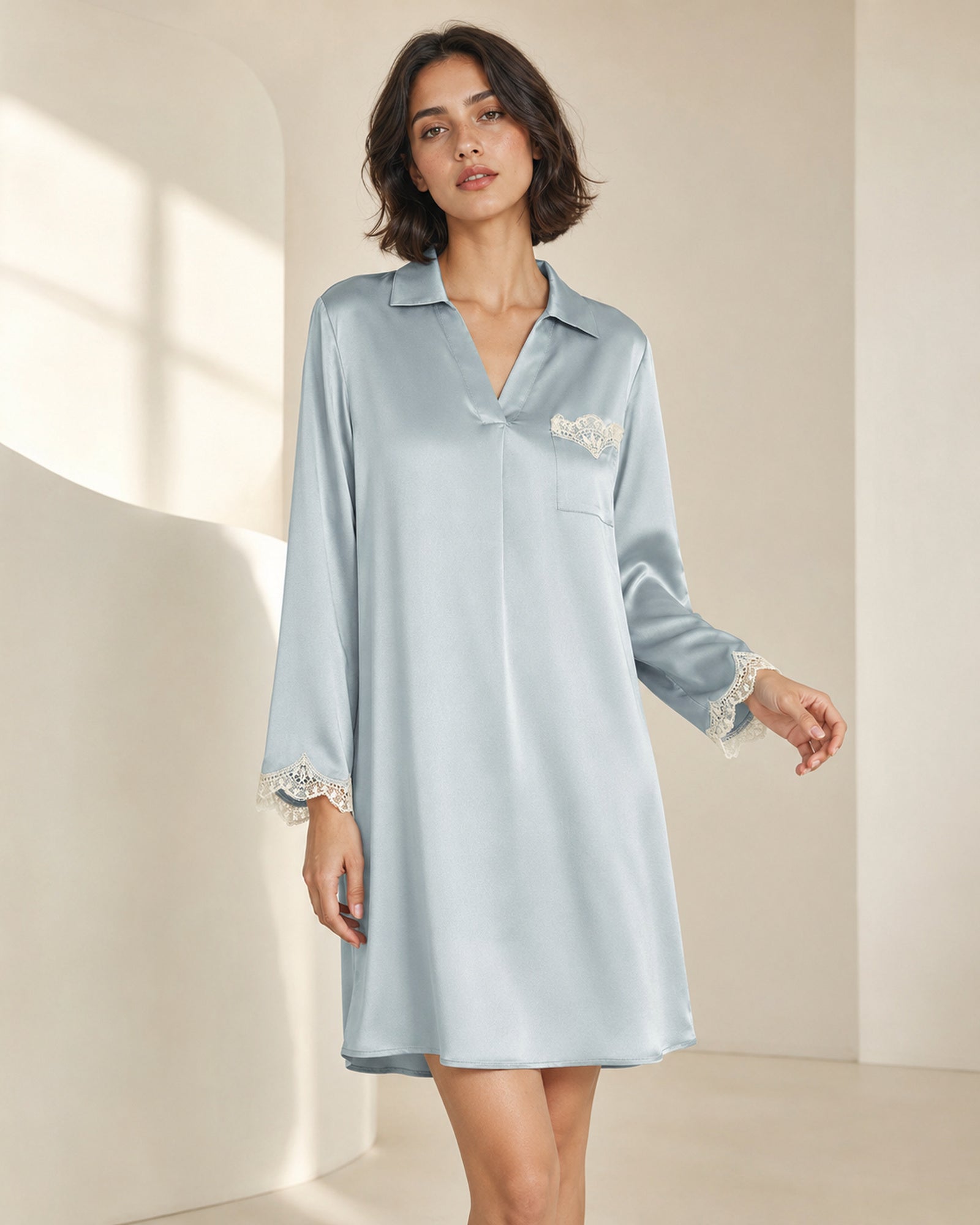 VELSÉE Amélie 100% Mulberry Silk Nightshirt – Women’s Lace-Trim Long-Sleeve Collared Sleep Dress