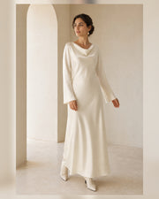 VELSÉE Élan Ivory 100% Mulberry Silk Cowl-Neck Backless Maxi Dress – Women’s Long Bell-Sleeve Evening Gown