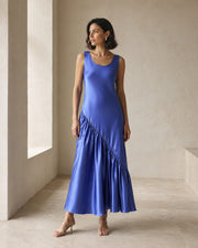 VELSÉE Azur 100% Mulberry Silk Asymmetric Fishtail Maxi Dress – Women’s Sleeveless Scoop-Neck Ruffle Evening Dress