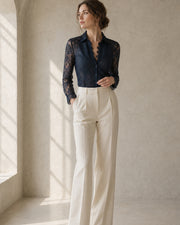 Women’s Midnight Navy Floral Lace Button-Front Blouse, Long Sleeve Scalloped Trim Elegant Layering Top
