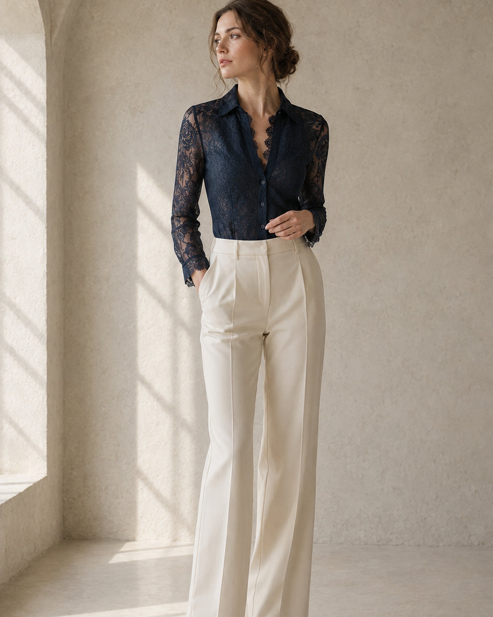 Women’s Midnight Navy Floral Lace Button-Front Blouse, Long Sleeve Scalloped Trim Elegant Layering Top