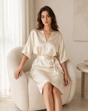 VELSÉE Élodie 100% Mulberry Silk Belted Dress – Women’s V-Neck Kimono-Sleeve Lounge Dress