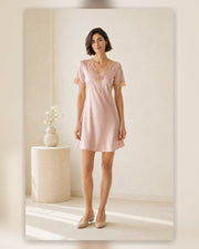 VELSÉE 16 Momme Mulberry Silk Nightgown for Women, Lace-Trim V-Neck Short-Sleeve Sleep Dress