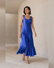 VELSÉE Azur 100% Mulberry Silk Asymmetric Fishtail Maxi Dress – Women’s Sleeveless Scoop-Neck Ruffle Evening Dress