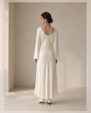VELSÉE Élan Ivory 100% Mulberry Silk Cowl-Neck Backless Maxi Dress – Women’s Long Bell-Sleeve Evening Gown