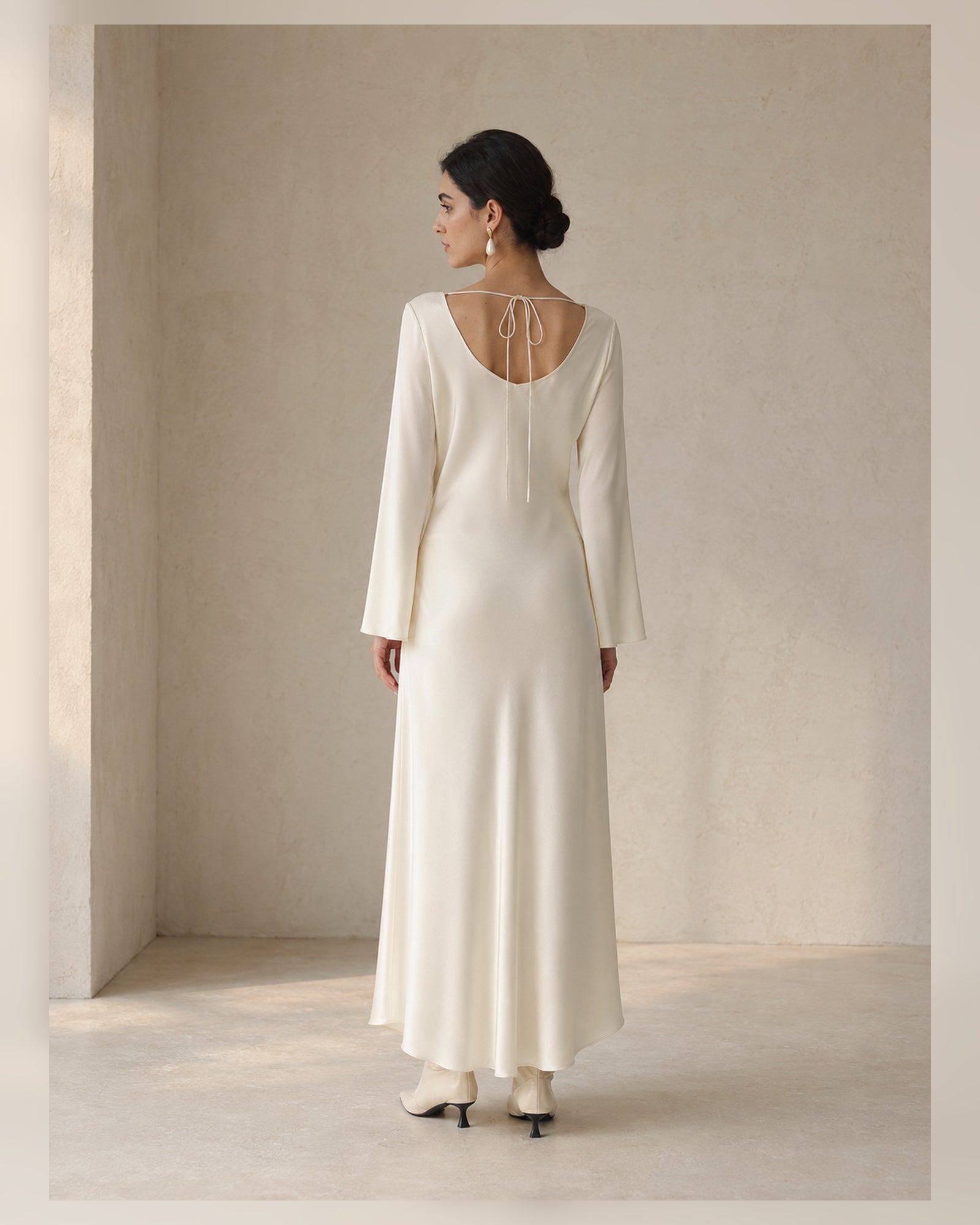 VELSÉE Élan Ivory 100% Mulberry Silk Cowl-Neck Backless Maxi Dress – Women’s Long Bell-Sleeve Evening Gown