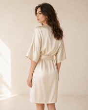 VELSÉE Élodie 100% Mulberry Silk Belted Dress – Women’s V-Neck Kimono-Sleeve Lounge Dress