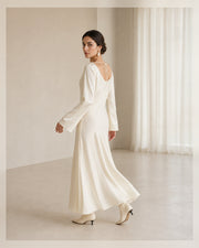 VELSÉE Élan Ivory 100% Mulberry Silk Cowl-Neck Backless Maxi Dress – Women’s Long Bell-Sleeve Evening Gown