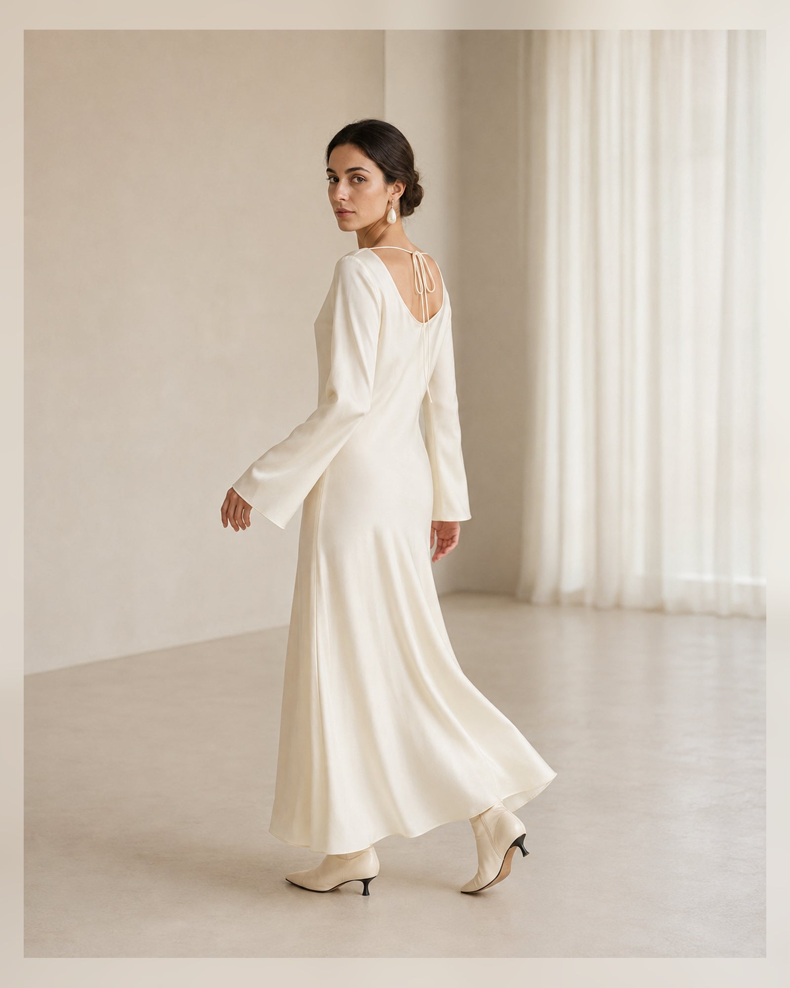 VELSÉE Élan Ivory 100% Mulberry Silk Cowl-Neck Backless Maxi Dress – Women’s Long Bell-Sleeve Evening Gown