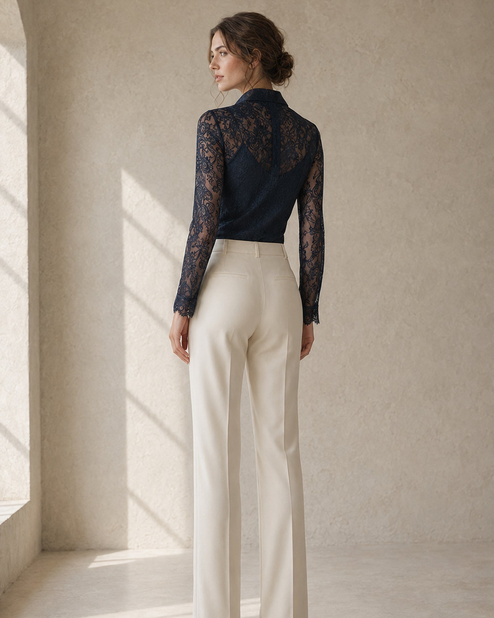 Women’s Midnight Navy Floral Lace Button-Front Blouse, Long Sleeve Scalloped Trim Elegant Layering Top