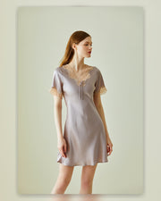 VELSÉE 16 Momme Mulberry Silk Nightgown for Women, Lace-Trim V-Neck Short-Sleeve Sleep Dress