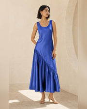 VELSÉE Azur 100% Mulberry Silk Asymmetric Fishtail Maxi Dress – Women’s Sleeveless Scoop-Neck Ruffle Evening Dress