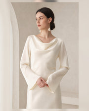 VELSÉE Élan Ivory 100% Mulberry Silk Cowl-Neck Backless Maxi Dress – Women’s Long Bell-Sleeve Evening Gown