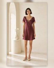 VELSÉE 16 Momme Mulberry Silk Nightgown for Women, Lace-Trim V-Neck Short-Sleeve Sleep Dress