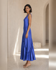 VELSÉE Azur 100% Mulberry Silk Asymmetric Fishtail Maxi Dress – Women’s Sleeveless Scoop-Neck Ruffle Evening Dress