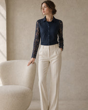 Women’s Midnight Navy Floral Lace Button-Front Blouse, Long Sleeve Scalloped Trim Elegant Layering Top