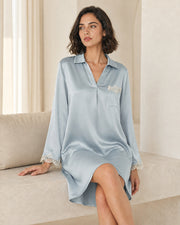 VELSÉE Amélie 100% Mulberry Silk Nightshirt – Women’s Lace-Trim Long-Sleeve Collared Sleep Dress
