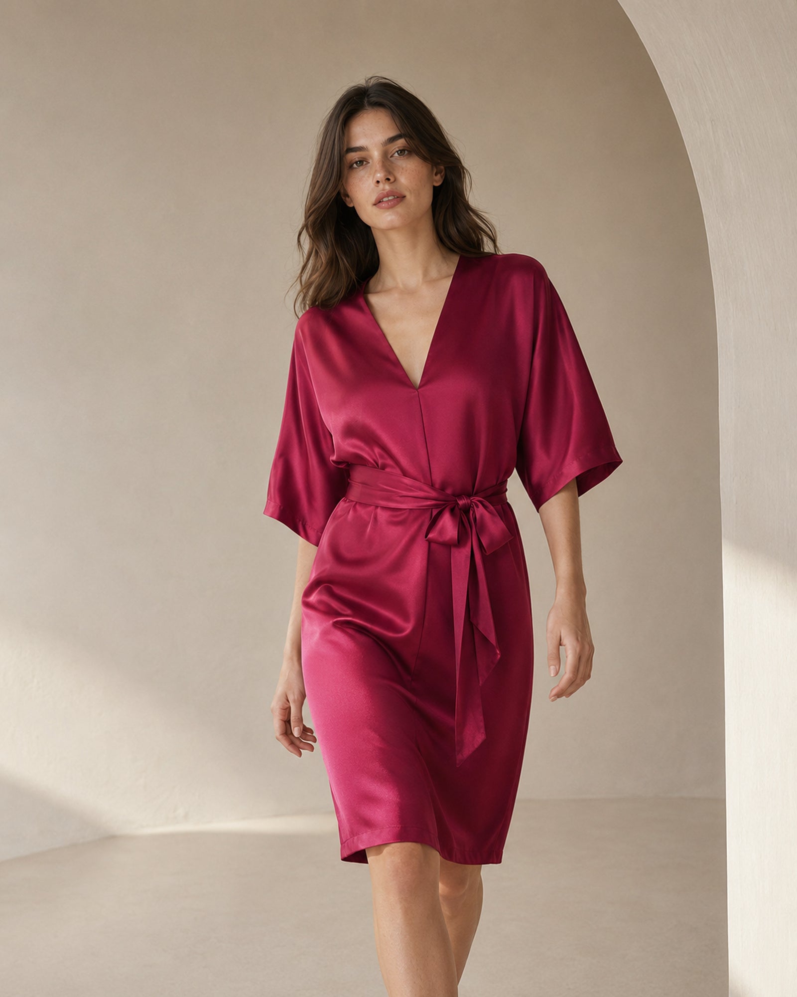 VELSÉE Élodie 100% Mulberry Silk Belted Dress – Women’s V-Neck Kimono-Sleeve Lounge Dress