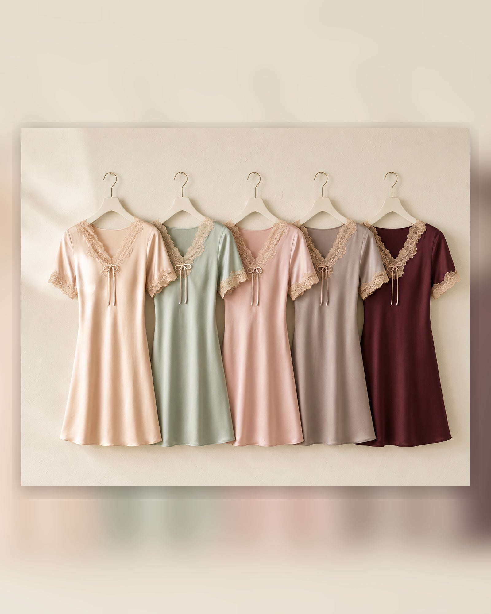 VELSÉE 16 Momme Mulberry Silk Nightgown for Women, Lace-Trim V-Neck Short-Sleeve Sleep Dress