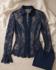 Women’s Midnight Navy Floral Lace Button-Front Blouse, Long Sleeve Scalloped Trim Elegant Layering Top