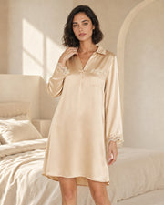 VELSÉE Amélie 100% Mulberry Silk Nightshirt – Women’s Lace-Trim Long-Sleeve Collared Sleep Dress