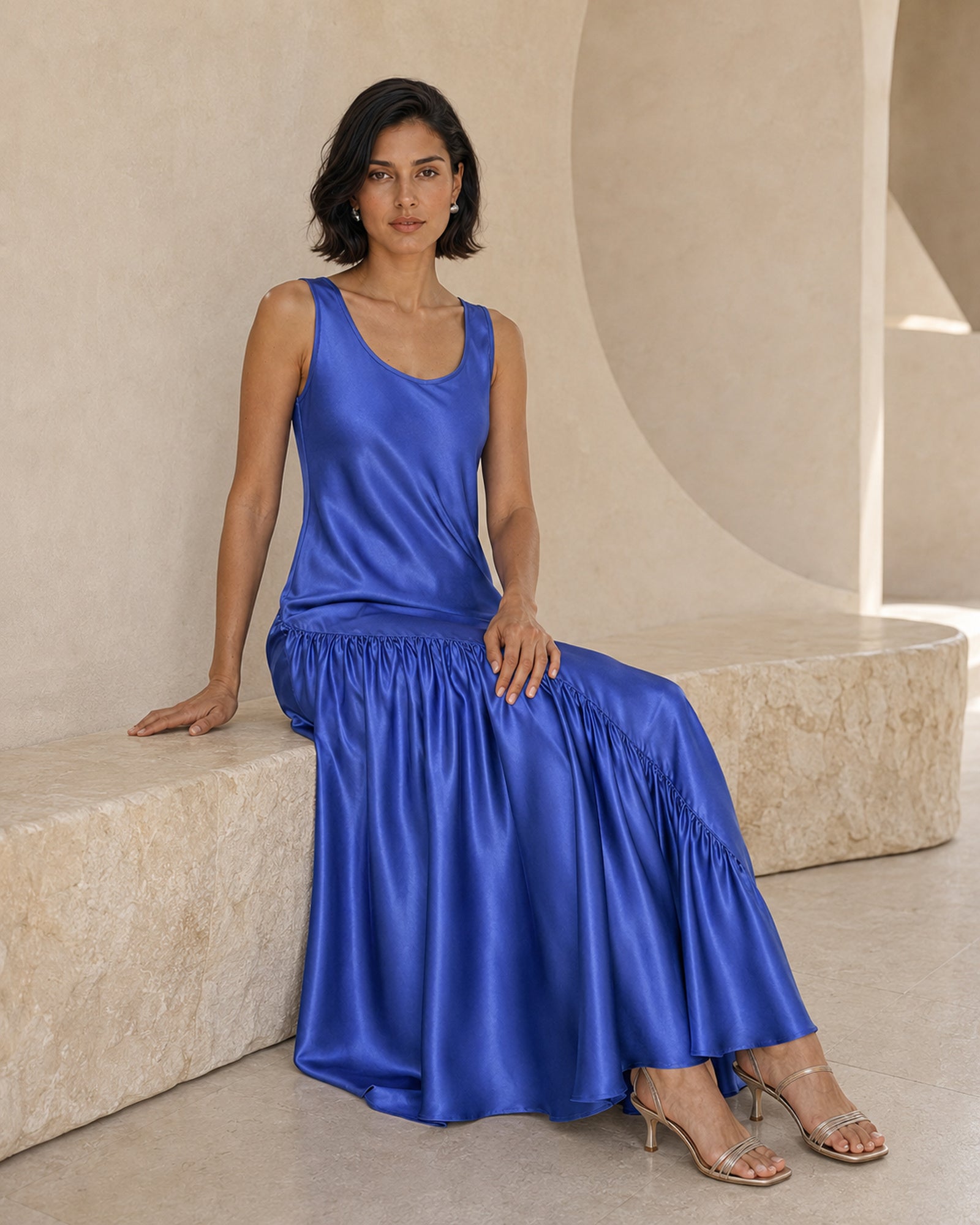 VELSÉE Azur 100% Mulberry Silk Asymmetric Fishtail Maxi Dress – Women’s Sleeveless Scoop-Neck Ruffle Evening Dress