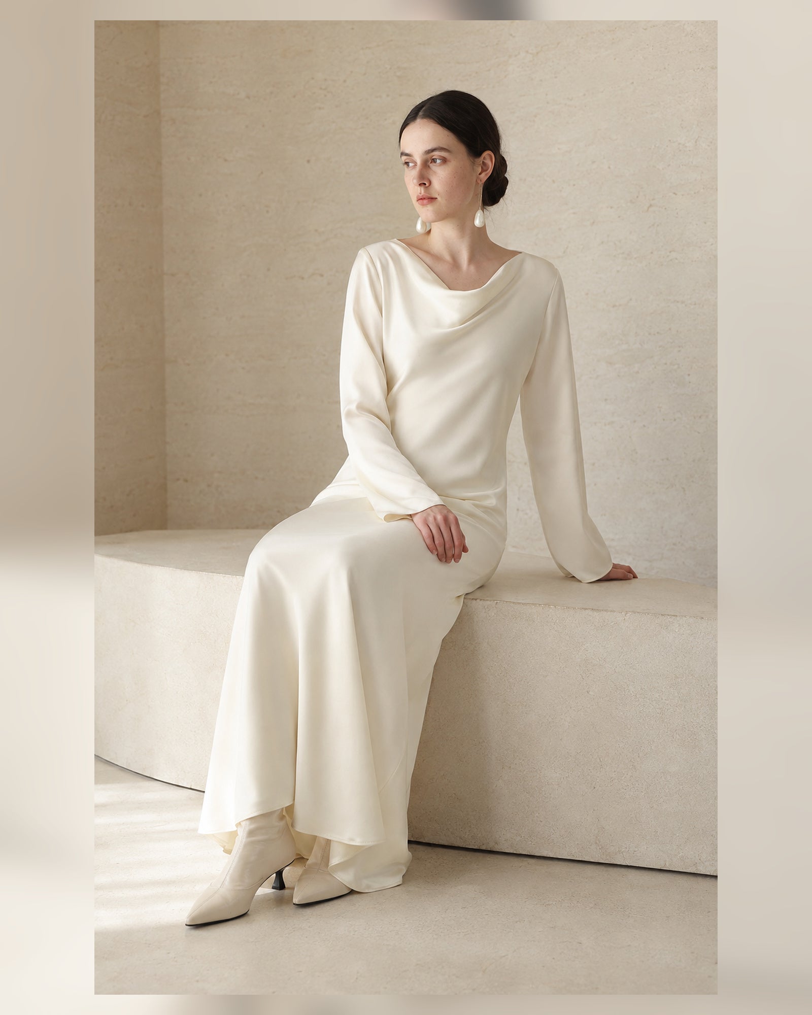 VELSÉE Élan Ivory 100% Mulberry Silk Cowl-Neck Backless Maxi Dress – Women’s Long Bell-Sleeve Evening Gown