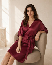 VELSÉE Élodie 100% Mulberry Silk Belted Dress – Women’s V-Neck Kimono-Sleeve Lounge Dress
