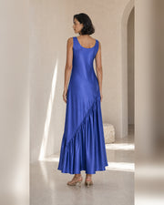 VELSÉE Azur 100% Mulberry Silk Asymmetric Fishtail Maxi Dress – Women’s Sleeveless Scoop-Neck Ruffle Evening Dress