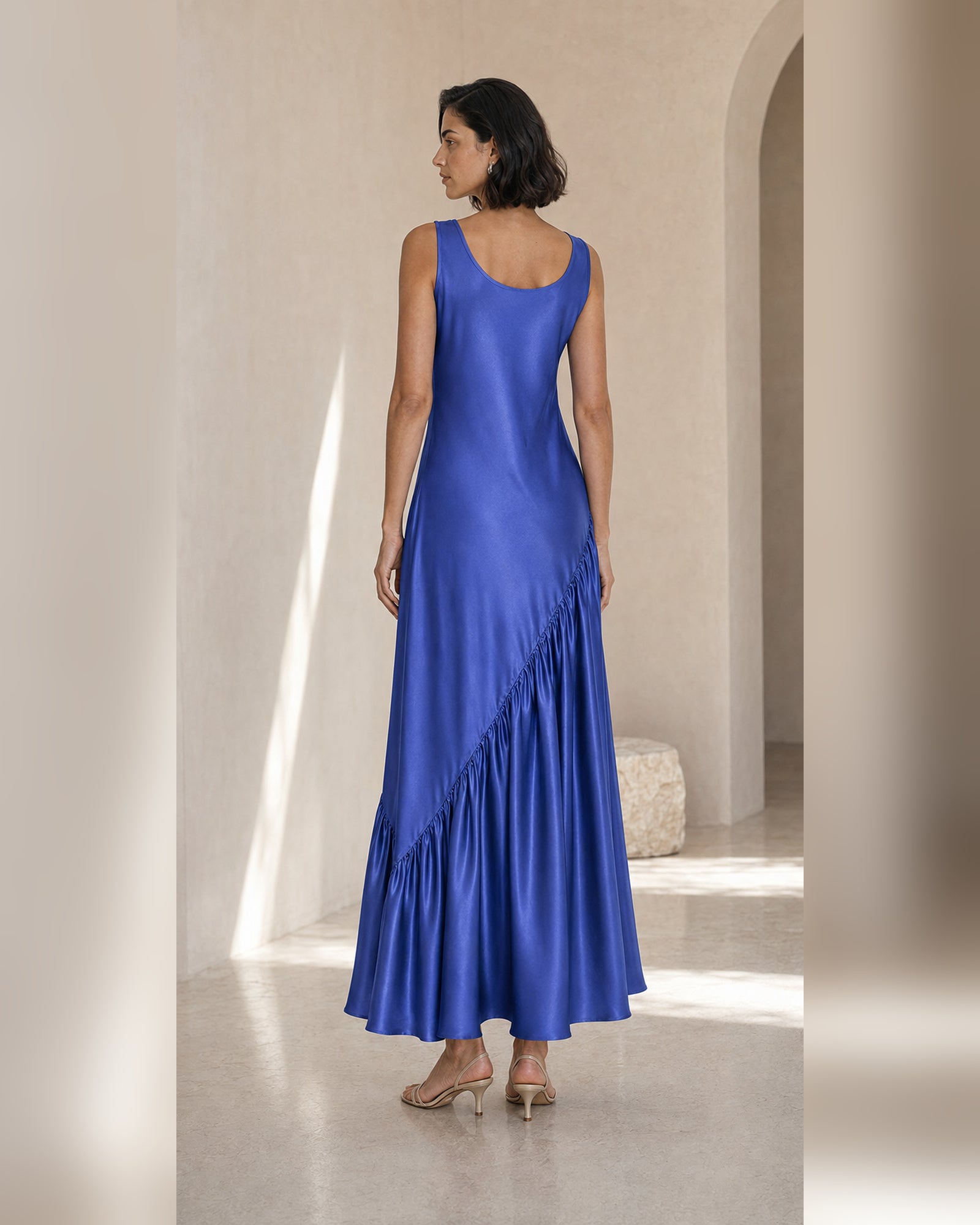VELSÉE Azur 100% Mulberry Silk Asymmetric Fishtail Maxi Dress – Women’s Sleeveless Scoop-Neck Ruffle Evening Dress