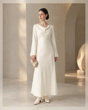 VELSÉE Élan Ivory 100% Mulberry Silk Cowl-Neck Backless Maxi Dress – Women’s Long Bell-Sleeve Evening Gown