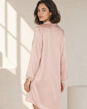 VELSÉE Amélie 100% Mulberry Silk Nightshirt – Women’s Lace-Trim Long-Sleeve Collared Sleep Dress
