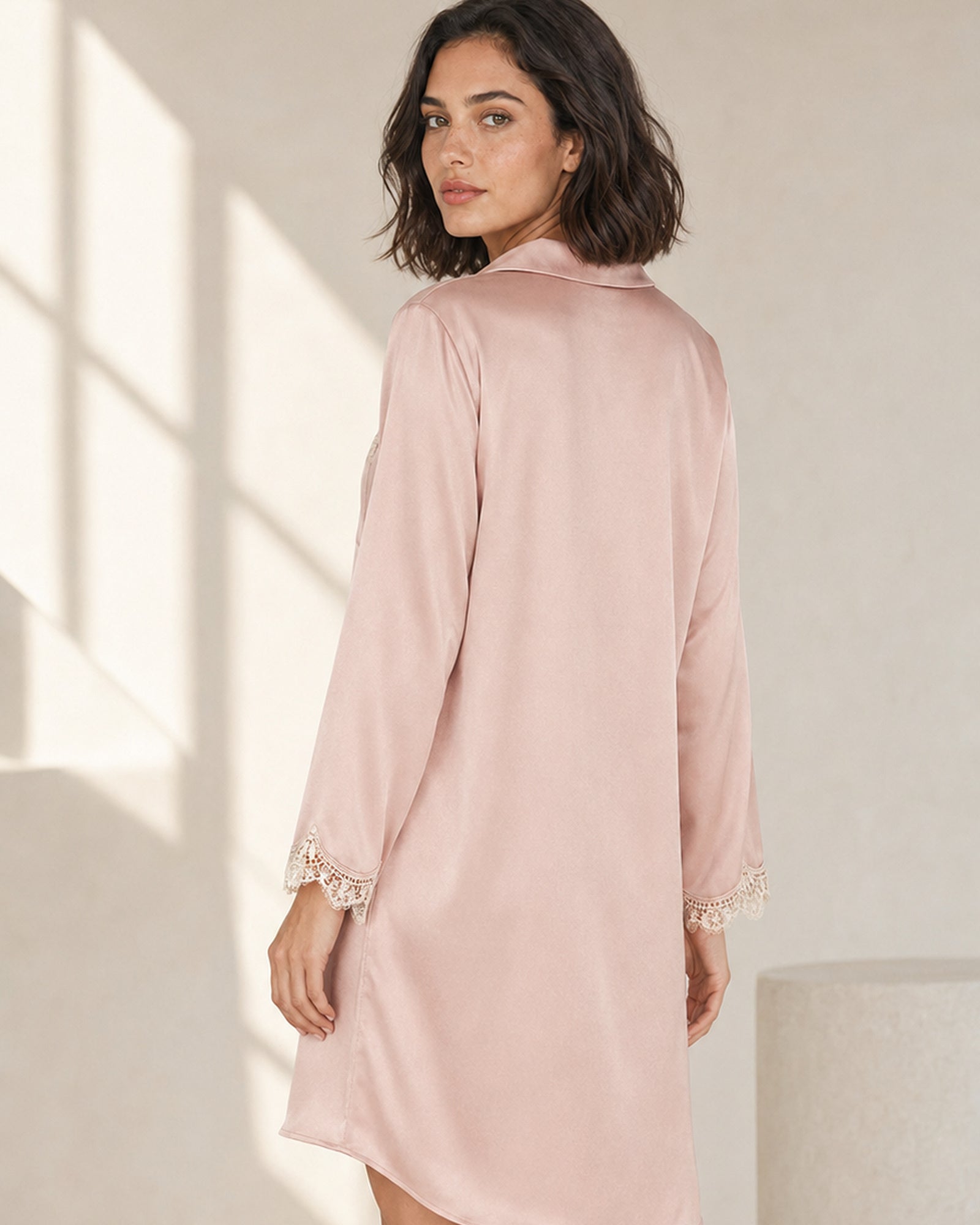 VELSÉE Amélie 100% Mulberry Silk Nightshirt – Women’s Lace-Trim Long-Sleeve Collared Sleep Dress