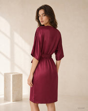 VELSÉE Élodie 100% Mulberry Silk Belted Dress – Women’s V-Neck Kimono-Sleeve Lounge Dress