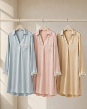 VELSÉE Amélie 100% Mulberry Silk Nightshirt – Women’s Lace-Trim Long-Sleeve Collared Sleep Dress