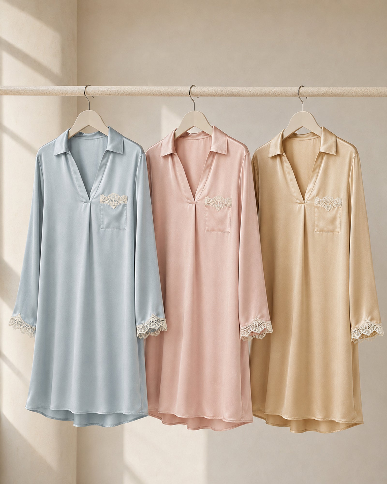 VELSÉE Amélie 100% Mulberry Silk Nightshirt – Women’s Lace-Trim Long-Sleeve Collared Sleep Dress