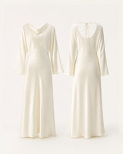 VELSÉE Élan Ivory 100% Mulberry Silk Cowl-Neck Backless Maxi Dress – Women’s Long Bell-Sleeve Evening Gown