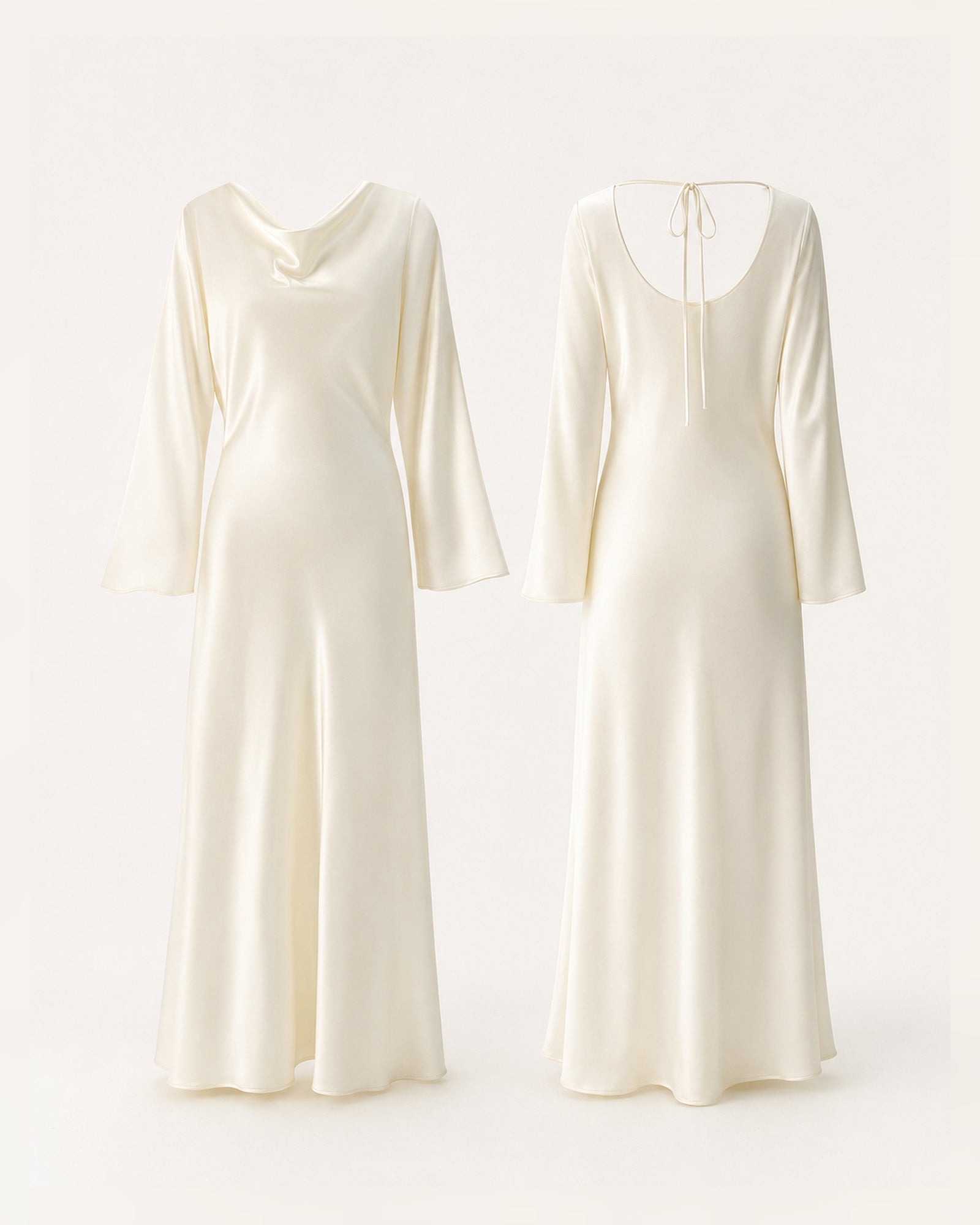 VELSÉE Élan Ivory 100% Mulberry Silk Cowl-Neck Backless Maxi Dress – Women’s Long Bell-Sleeve Evening Gown