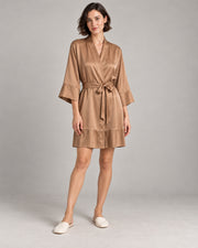 Mulberry Silk Robe & Lace-Trim Slip Set — Camel