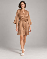 Mulberry Silk Robe & Lace-Trim Slip Set — Camel