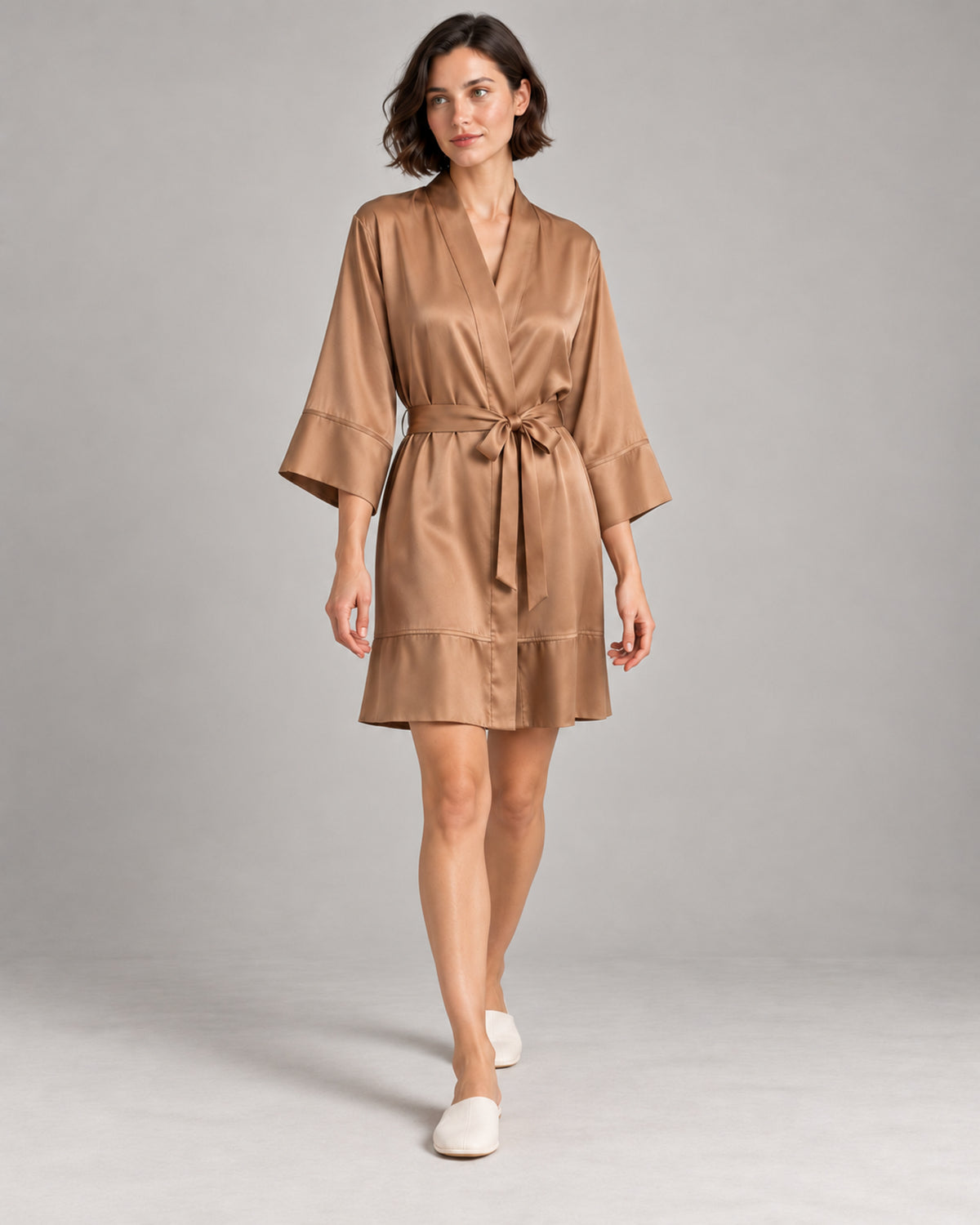 Mulberry Silk Robe & Lace-Trim Slip Set — Camel