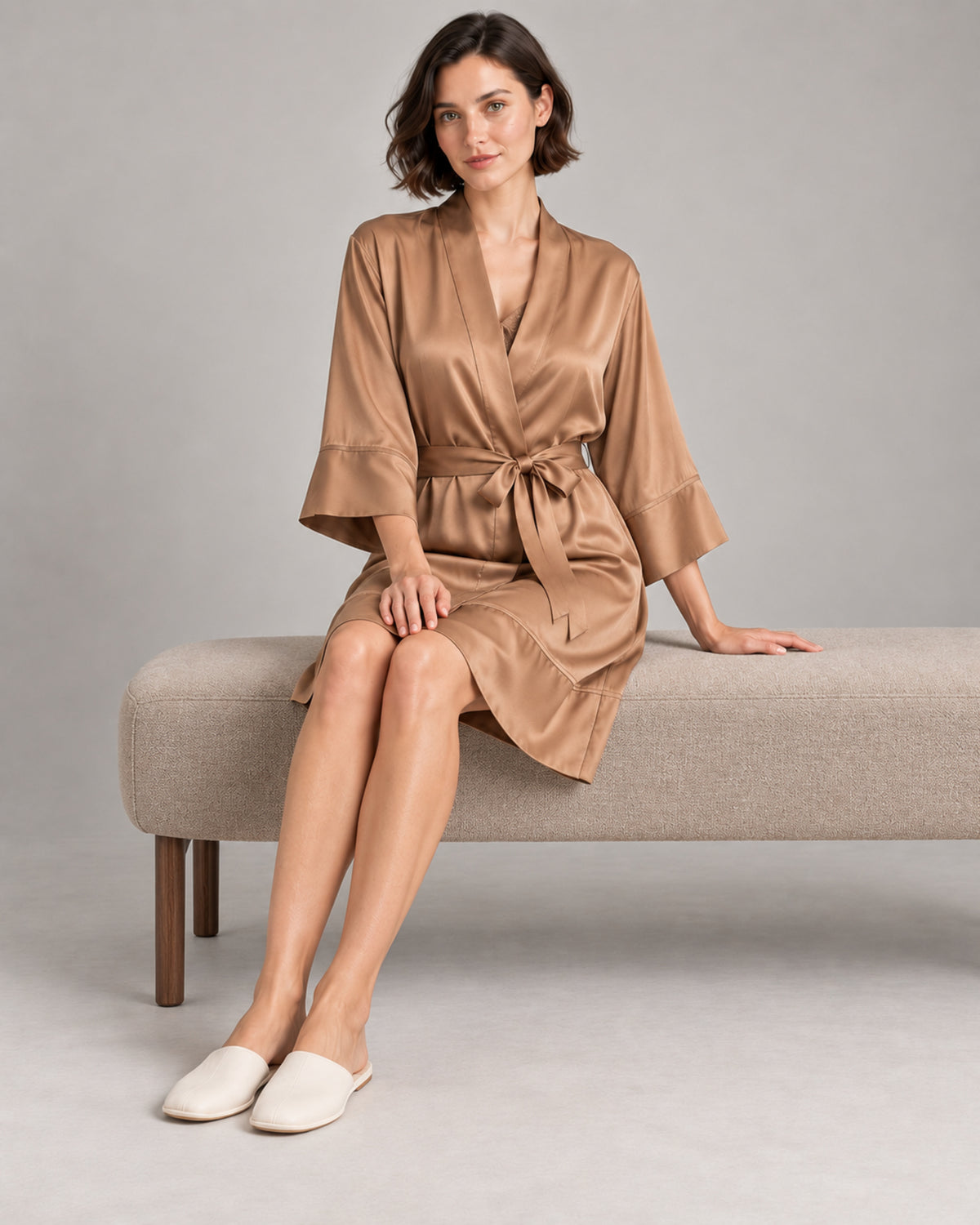 Mulberry Silk Robe & Lace-Trim Slip Set — Camel