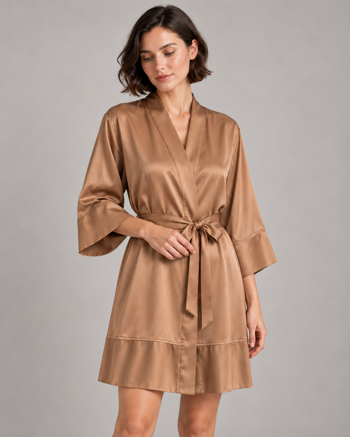 Mulberry Silk Robe & Lace-Trim Slip Set — Camel