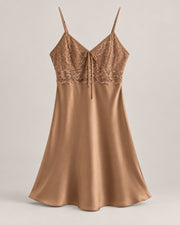 Mulberry Silk Robe & Lace-Trim Slip Set — Camel