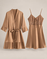 Mulberry silk robe and lace-trim slip set in camel