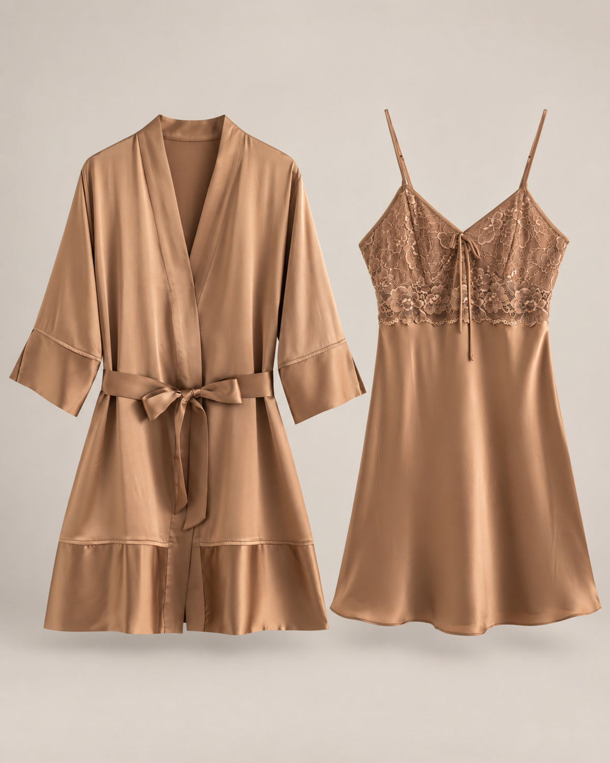 Mulberry silk robe and lace-trim slip set in camel
