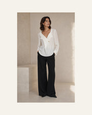 VELSÉE Women’s Mulberry Silk Layered-Lapel Blouse – Ivory Long-Sleeve Draped V-Neck Top
