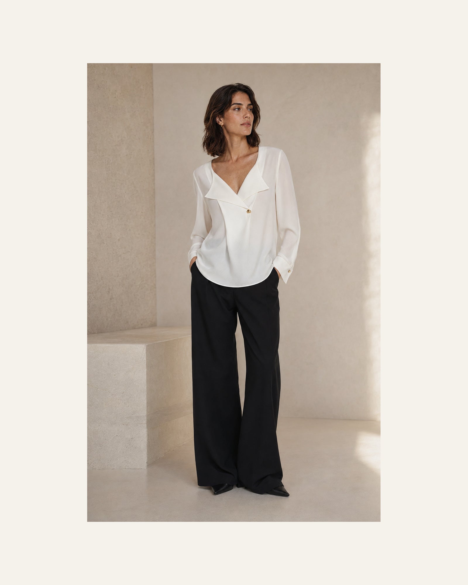 VELSÉE Women’s Mulberry Silk Layered-Lapel Blouse – Ivory Long-Sleeve Draped V-Neck Top