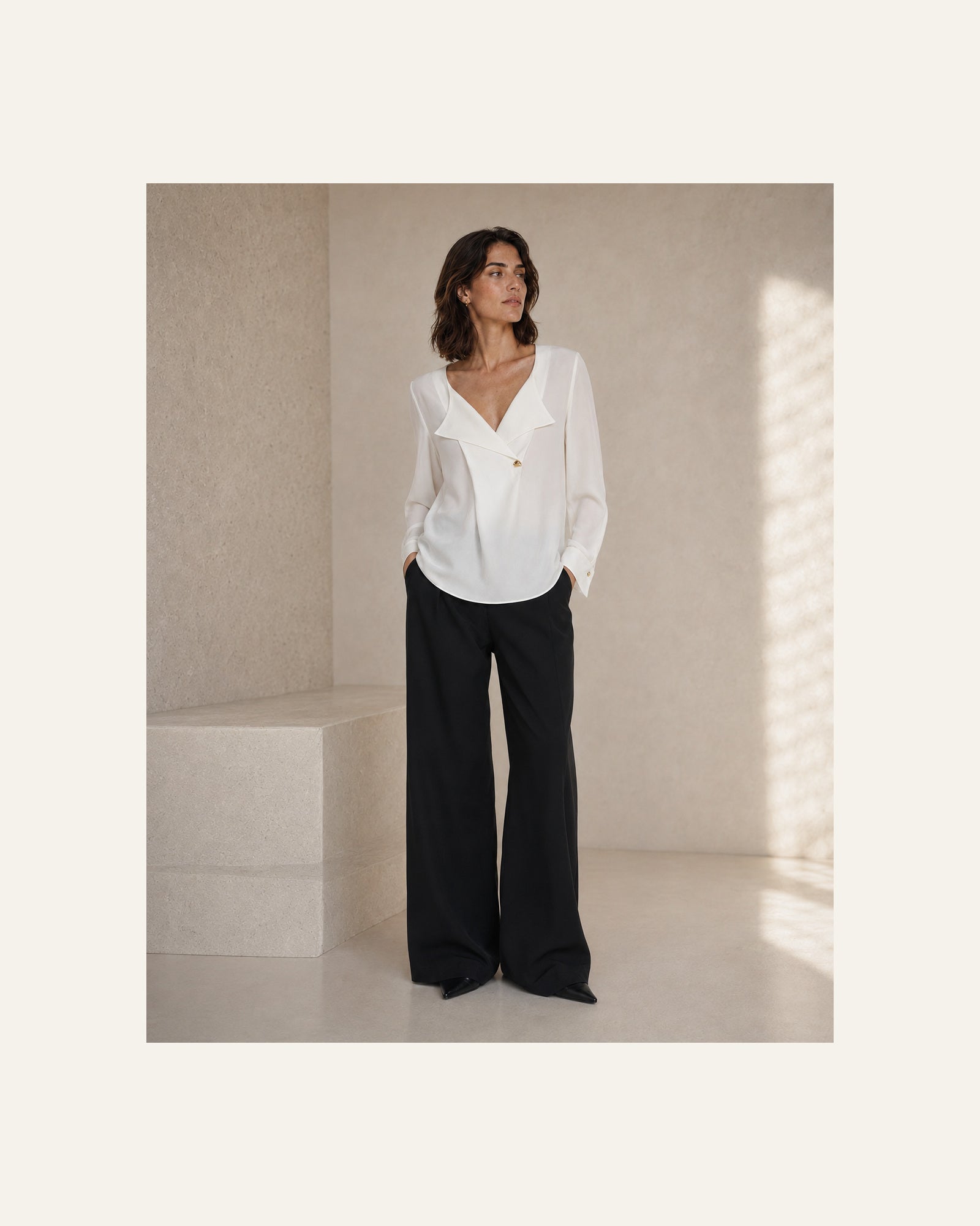 VELSÉE Women’s Mulberry Silk Layered-Lapel Blouse – Ivory Long-Sleeve Draped V-Neck Top